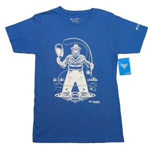 Columbia PFG T-Shirt Men's Small Blue Sasquatch Fishing Graphic Short Sleeve NWT